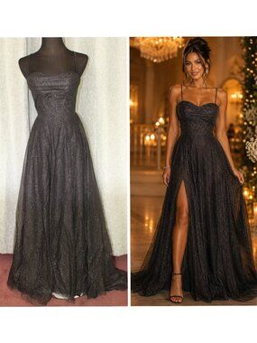 Sparkling Black Cowl Corset Wedding Dress size XS Evening Gown Sheer Mesh Goth